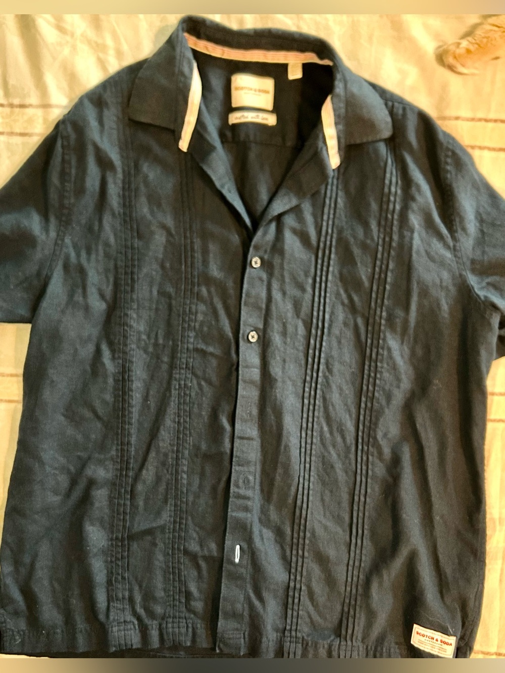 Scotch & Soda Men’s Navy Blue Pintuck Pleated Short Sleeve Button Down Linen L